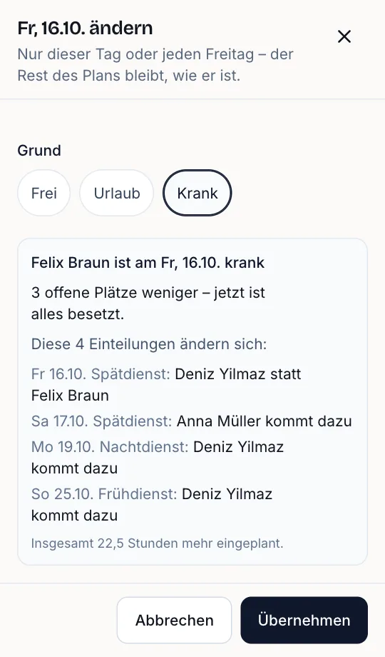 Dienstplan-App am iPhone: Felix ist krank, der Plan zeigt, wer einspringt