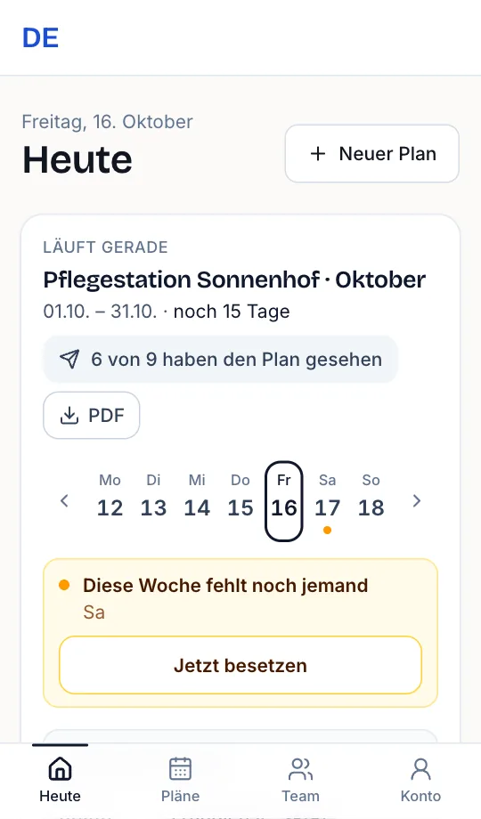 Dienstplan-App am iPhone: Heute mit laufendem Plan, Wochenleiste und dem offenen Platz dieser Woche